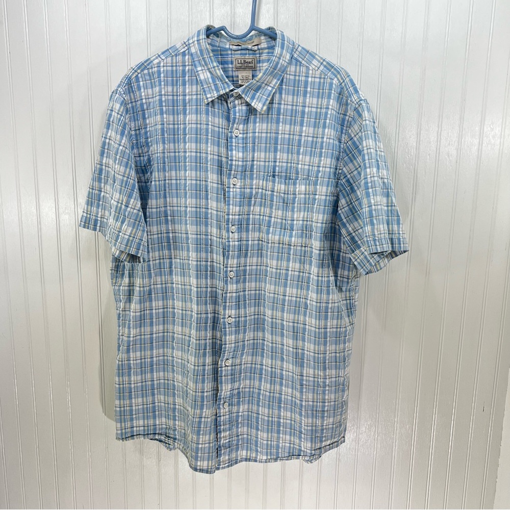 L.L. Bean Seersucker Plaid Shirt XL Tall Blue 100% Cotton Button Down